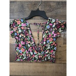 Women Smocked Floral Low Cut Crop Top Bralette Boho Festival Cottage Beach XS